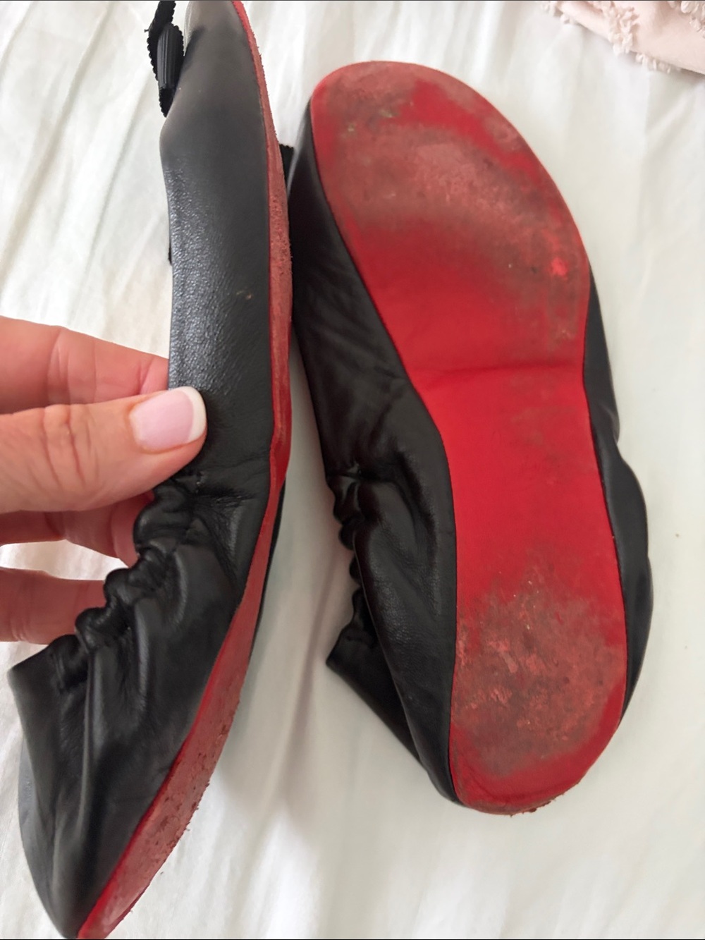 Christian Louboutin Black Leather Bow Ballet Flats with Red Trim - Picture 7 of 13